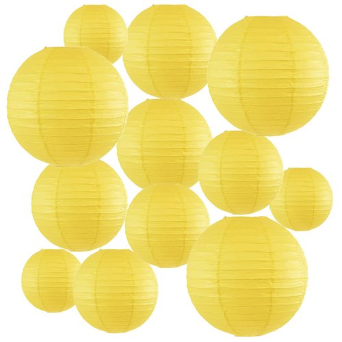 Peywot 12Pcs Round Paper Lanterns Assorted Sizes (6" 8" 10" 12") for Home Decor, Restaurant, Church, Wedding, Birthday Party Decorations, Hanging Chinese Japanese Paper Lantern Lamps (Yellow)