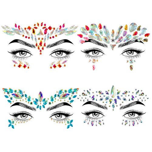 4 Sets Face Jewels Face Gems Mermaid Glitter Rhinestone Crystal Stickers Waterproof Eyes Face Temporary Tattoos for Party,Rave Festival,Carnival,Holiday Costumes,Rave Accessories,Dress-up