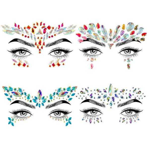 4 Sets Face Jewels Face Gems Mermaid Glitter Rhinestone Crystal Stickers Waterproof Eyes Face Temporary Tattoos for Party,Rave Festival,Carnival,Holiday Costumes,Rave Accessories,Dress-up