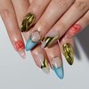 TENPAL Metallic Press on Nails Almond Nails Press ons Full Cover Golden Fake Nails With Glue Handmade Acrylic False Nails With Sweet Cool Y2k 3D Waves Designs 10pcs/Box Stick on Nails For Women(S)