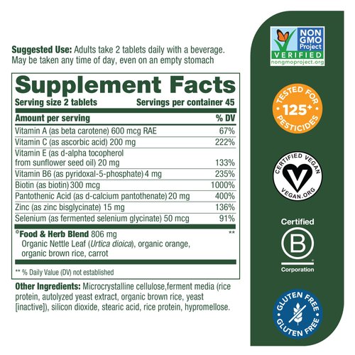 MegaFood Skin, Nails & Hair 2 - Vitamins For Women & Men - Biotin, Vitamin A, Vitamin C, Zinc, Vitamin B6, Vitamin E, Pantothenic Acid - Vegan - Made Without 9 Food Allergens - 90 Tabs (45 Servings)