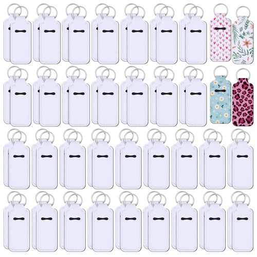 Ferreve 100 Pcs Sublimation Keychain Blanks Bulk Lipstick Holder Sublimation Lip Balm Holder Neoprene Sublimation Blanks Portable Lip Gloss Protective Cases for Women DIY Key Ring Travel Supplies