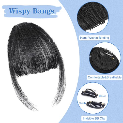 HH FASHION Clip in Bangs - 100% Human Hair Bangs Clip in Hair Extensions Black Wispy Bangs, Clip on Air Curtain Bangs Fringe With Temples Hairpieces Curved Bangs For Women Daily Wear