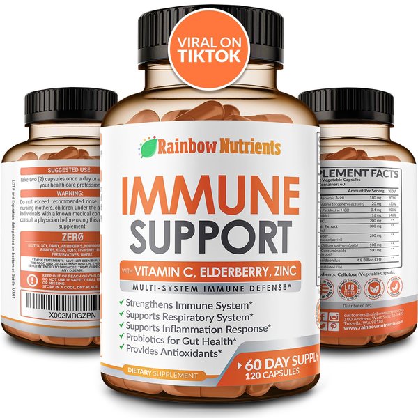 10 in 1 Immune Support Supplement (No Fillers) | Vitamin C, Zinc, Elderberry, Echinacea, Turmeric, Probiotics |Immunity Booster for Multi-System Immune Defense, Respiratory & Gut health |60 Day Supply