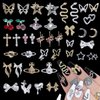 105 Pcs Silver+Gold Nail Gems Charms, Bow Moon Snake Planet Butterfly Heart Pink Cherry Nail Charms 3D Nail Art Jewelry Alloy Rhinestones Gems+Charms for Nail Art DIY Jewel Accessories