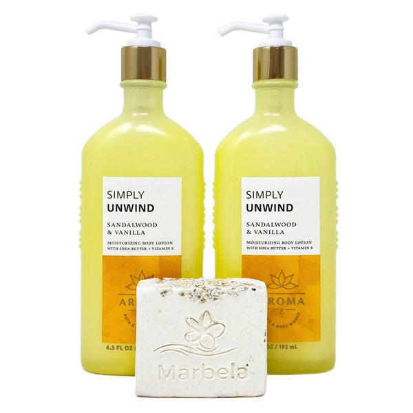 Bath & Body Works Aroma Simply Unwind SANDALWOOD & VANILLA 2 Pack Moisturizing Body Lotion Gift Set with a Natural Oats Bar Soap - Full Size