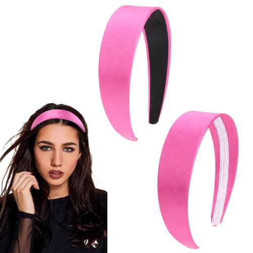 YARIEW Headbands for Women 2 Inch Satin Hard Wide Headbands for Women Girls with No Teeth Non Slip Fashion Hair Bands Hair Accessories Gifts for Halloween Cosplay (Hot Pink)