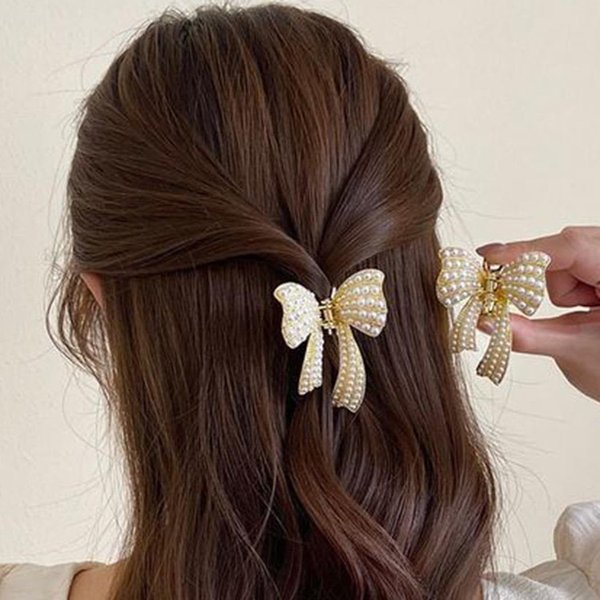 BARTOSI Bow Hair Claw Clips Pearl Hair Clip Gold Metal Hair Claw Barrettes Hair Jaw Clamps Hair Accessories for Women and Girls (Pack of 2)