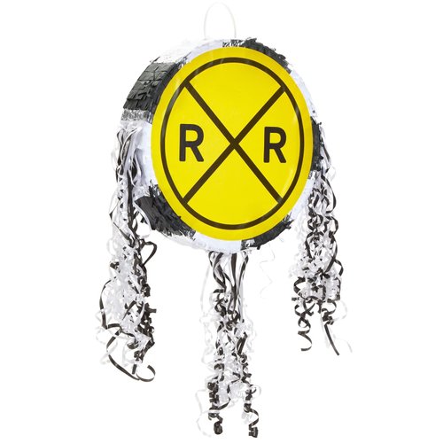 BLUE PANDA Railroad Crossing Sign Pull String Pinata for Train Birthday Party Decorations (Small, 13 x 13 x 3 In)