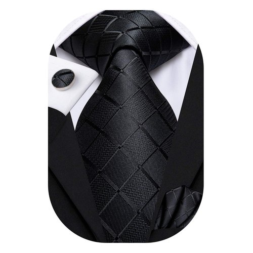 Hi-Tie Solid Black Plaid Silk Necktie Mens Tie with Hanky Cufflinks Set
