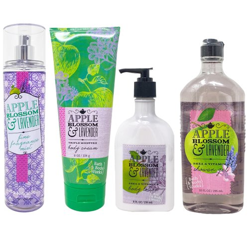 Apple Blossom and Lavender Gift Set of 4 - Includes Fine Fragrance Mist, Body Cream, Body Lotion and Shower Gel - Full Size