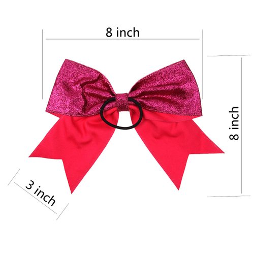 Cheerleader Bows Cheerleading 8 inch Sparkle Glitter Ponytail Holder Hair Tie School for High School College Girl Team Sports 6 Pcs … (Shocking Hot Pink)