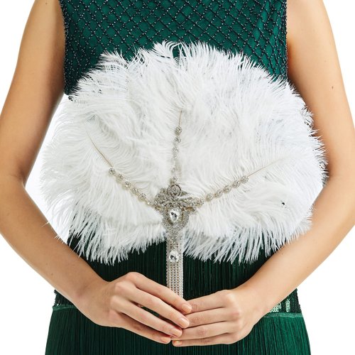 BABEYOND Vintage Bridal Feather Bouquet 1920s Ostrich Feather Fan Crystal Bridesmaid Bouquet 20s Gatsby Wedding Bouquet Flapper Accessories (White & Crystal Handle)