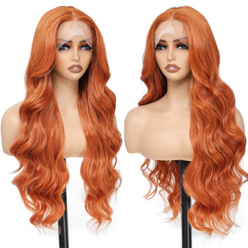 X-TRESS Ginger Orange Lace Front Wigs Synthetic for Women,28Inch Wear and Go Body Wave 13x4x1 Wig, Bright Orange Wig Pre Plucked Baby Hairline Glueless Wigs for Daily Party Use(Ginger)