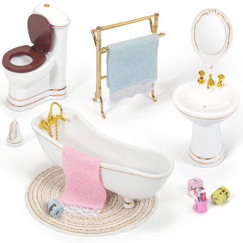 Keldoner Ceramic Dollhouse Furniture 1 12 Scale, Doll House Furniture Toys for Dollhouse Bathroom Incl Toilet Bathtub Washbasin Towel Rack and Other Miniture House Furniture and Accessories