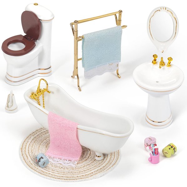 Keldoner Ceramic Dollhouse Furniture 1 12 Scale, Doll House Furniture Toys for Dollhouse Bathroom Incl Toilet Bathtub Washbasin Towel Rack and Other Miniture House Furniture and Accessories