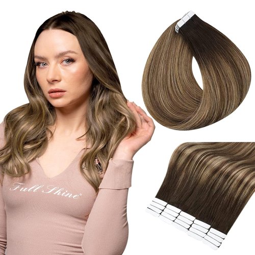 Full Shine 18 Inch Tape in Hair Extensions Ombre Balayage Tape in Extensions Color 2 Darkest Brown Fading to 3 and 27 Honey Blonde Seamless Straight Hair Extensions 50Grams 20Pcs Ombre Tape Extensions