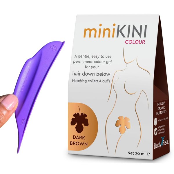 MiniKini Permanent Bikini Hair Dye Coloring Kit Dark Brown Dark Blonde Black Long Lasting Result and VAJ-J VISOR Ladies Intimate Area Protective Shield Cover (Dark Brown, Minikini Dark Brown + Vajj)