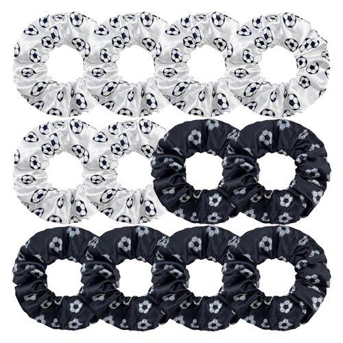 Boxkat 12 Pcs Soccer Cheer Satin Hair Scrunchies Football Print Silk Hair Ties Soccer Ball Ponytail Holder Hair Ropes Hair Accessories for School Soccer Teams Tournaments Party Favor, black, white