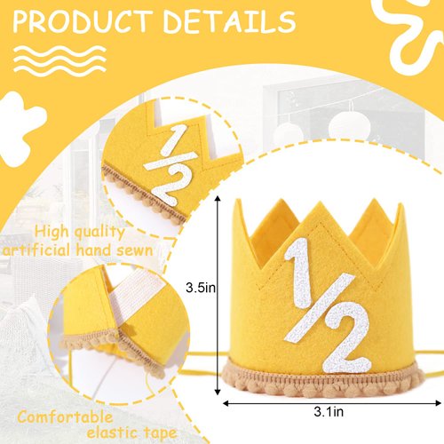 Half Birthday Crown - Yellow Crown for 6-Month Baby's Birthday Party, Girls/Boys Party Supplies and Decorations