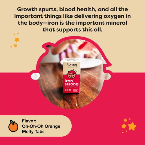Renzo's Iron Supplements for Kids - Dissolvable Vegan Iron Supplement with Vitamin C - Sugar Free, Oh-Oh-Oh Orange Flavor, 90 Melty Tabs