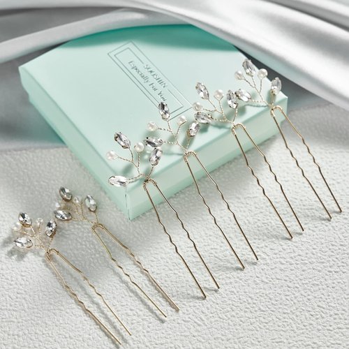 Sooshin 6 Pieces Bridal Hair pins Pearl Wedding Hair Accessories for Brides and Bridemaids Rhinestone Bridal Headpieces for wedding Crystal Hair Pins for Women and Girls (Silver-C)