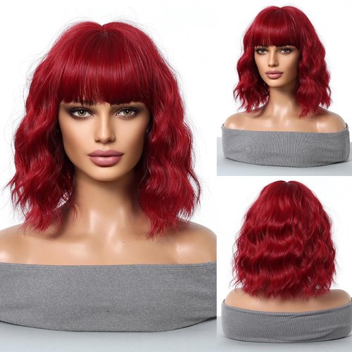 Tumhorn Curly Bob Wig with Bangs Short Wavy Red Color Wigs for Women Colorful Costume Wigs Heat Resistant Synthetic Wigs