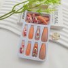 Coffin Press on Nails Long Fake Nails with Maple Leaves & Diamond Charms Designs Orange Glitter Acrylic Nails Fall False Nails Daily Wear Natural Artificial Stick on Nails for Women 24Pcs