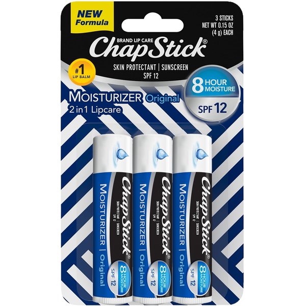 ChapStick SPF Lip Balm 3-Pack – Original 2-in-1 Lipcare with SPF 12, Ultra Hydrating Formula with Aloe Vera and Vitamin E, 0.15 Oz Ea