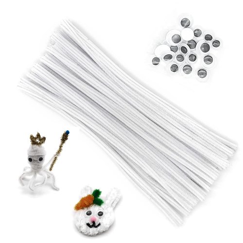 Cldamecy 100 pcs White Pipe Cleaners with 20 pcs Googly Eyes,Chenille Stems for Craft Project,Craft Pipe Cleaners for DIY Projects,Arts and Holiday Decoration