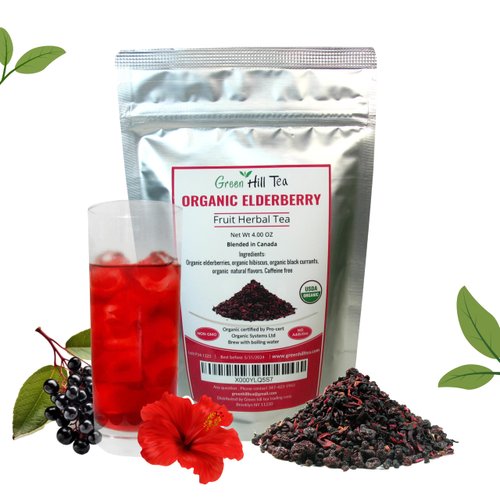 Green Hill Tea Organic Elderberry Herbal Tea - Immune System Boosting Loose Leaf Tea Blend - USDA Certified Organic - Caffeine-Free Relaxing Drink 4 OZ