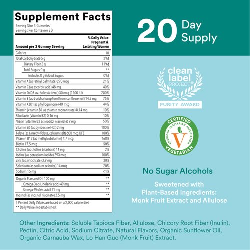 SmartyPants Prenatal Vitamins for Women, Sugar Free Multivitamin Gummies: Methylfolate, Omega 3 (ALA) Vitamin D3, C, Vitamin B12, B6, Vitamin A, K & Zinc, Erythritol Free, 60 Count (20 Day Supply)