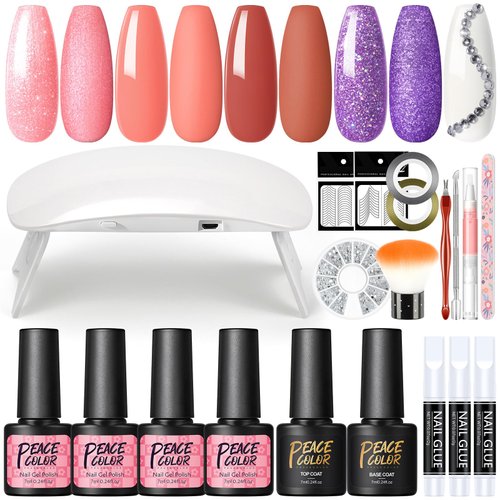 Gel Nail Polish Kit with U V Light 4 Summer Colors Gel Polish Set Glitter Pink Purple Brown Nude Top Base Coat Nail Art Rhinestones Gel Manicure Tools Starter Kit Gifts for Women