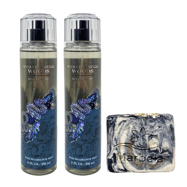 Bath & Body Works Wicked Vanilla Woods 2 Pack Fine Fragrance Mist Bundle with a Charcoal Scrub Bar Soap - Full Size