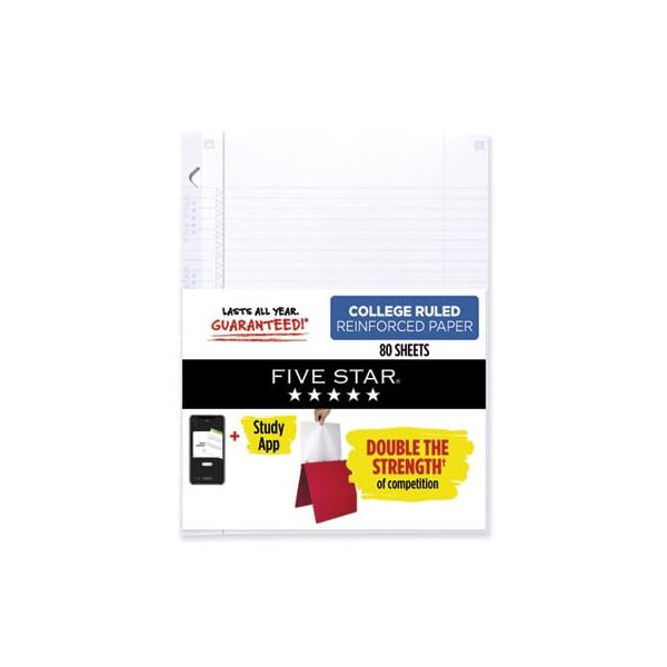 Five Star Loose Leaf Paper + Study App, Notebook Paper, College Ruled Filler Paper, Reinforced, Fights Ink Bleed, 8.5 x 11, 80 Sheets (170102),White