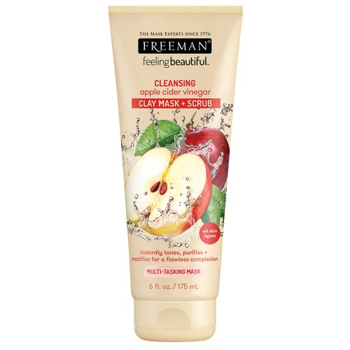 Freeman Cleansing Apple Cider Vinegar Clay Mask & Facial Scrub, Face Mask Tones, Purifies, Flawless Complexion, Clay and Pumice Exfoliate Pores, All Skin Types, 6 fl.oz./175 mL Tube