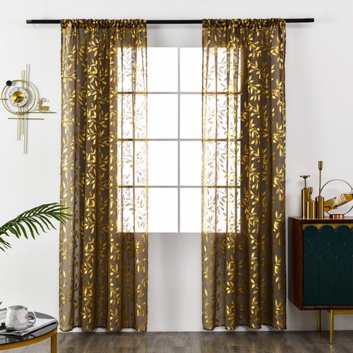 Sutuo Home Taupe Sheer Curtains 96 Inches Long 2 Panels Set,Gold Foil Print Metallic Bronzing Leaves, Privacy Window Treatment Decor Drape Pair for Christmas Bedroom Kitchen Living Room 52" W x 96" L