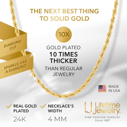 LIFETIME JEWELRY 24k Real Gold Plated 4mm Rope Chain Necklace Diamond Cut Gold Chain for Men Women Boys (20 inches, Gold Plated)