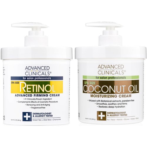 Advanced Clinicals Retinol Body Lotion + Coconut Oil Cream 2pc Set | Moisturizer Face Lotion & Body Cream | Crepey Skin Care Treatment | Coconut Body Lotion + Retinol Cream Targets Crepe Skin, 2pc