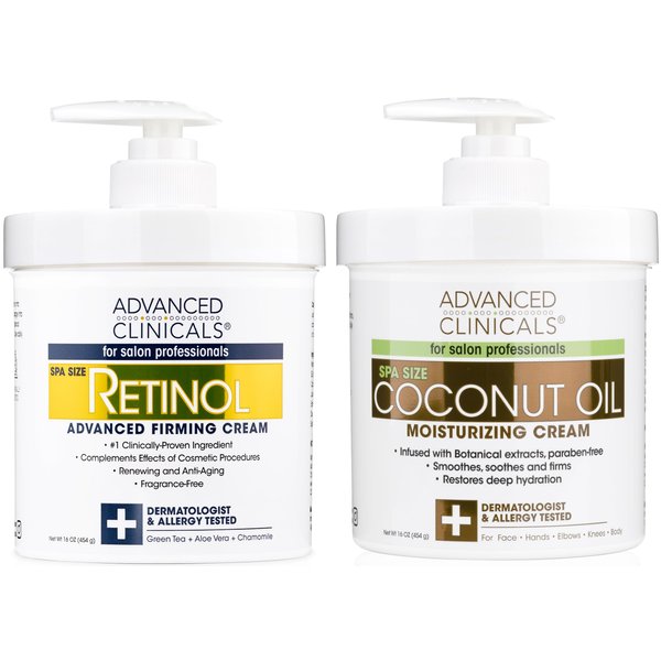 Advanced Clinicals Retinol Body Lotion + Coconut Oil Cream 2pc Set | Moisturizer Face Lotion & Body Cream | Crepey Skin Care Treatment | Coconut Body Lotion + Retinol Cream Targets Crepe Skin, 2pc