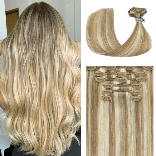 Ukira Blonde Clip in Hair Extensions Real Human Hair, 18 Inch 70g 7pcs Balayage Hair Extensions Mixed Bleach Blonde Ntural Straight Blonde Remy Human Hair Extensions Clip ins for Women