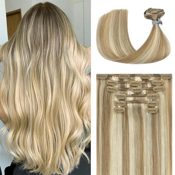 Ukira Blonde Clip in Hair Extensions Real Human Hair, 18 Inch 70g 7pcs Balayage Hair Extensions Mixed Bleach Blonde Ntural Straight Blonde Remy Human Hair Extensions Clip ins for Women