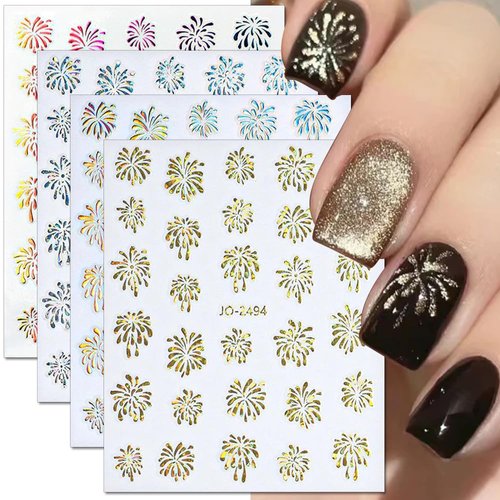 3D Laser Firework Nail Stickers Colorful Fireworks Nails Stickers New Year Nail Art Stickers Holiday Nail Decals Blooming Firework Stickers for Nails Design Shining Pyrotechnics Women Nail Supplies