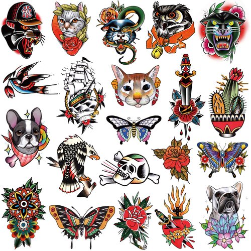 Tazimi 8 sheets Classic Temporary Tattoos Old School Tattoos Stickers Colorful Vintage Flower Arm Swallows Butterflies Eagle Cactus Scorpion Skull Tattoos Sticker for Men Women