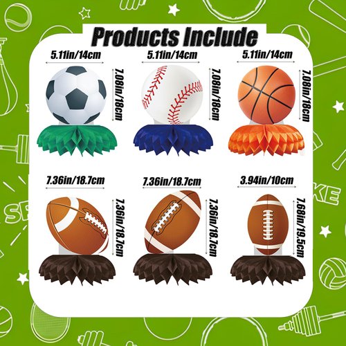 12pcs Sports Themed Birthday Party Decorations Sports Table Honeycomb Centerpieces Football Basketball Baseball Soccer Table Centerpieces Boy's Birthday Party Sports Themed Desktop Decoration