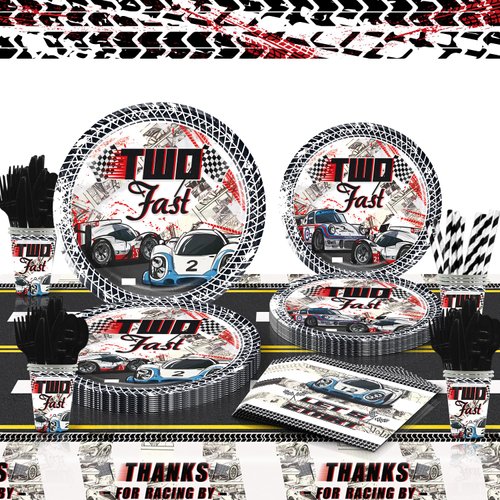 Mpanwen Two Fast Party Supplies for 2 Year Old Boy, 202 Pcs Race Car Party Decorations for Boys Baby - Table Cover, Plates, Cups, Napkins, Utensils, Serves 25 Guests