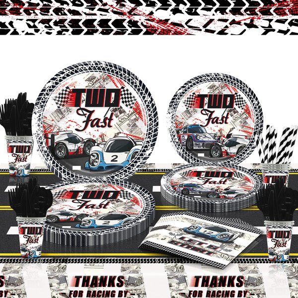 Mpanwen Two Fast Party Supplies for 2 Year Old Boy, 202 Pcs Race Car Party Decorations for Boys Baby - Table Cover, Plates, Cups, Napkins, Utensils, Serves 25 Guests