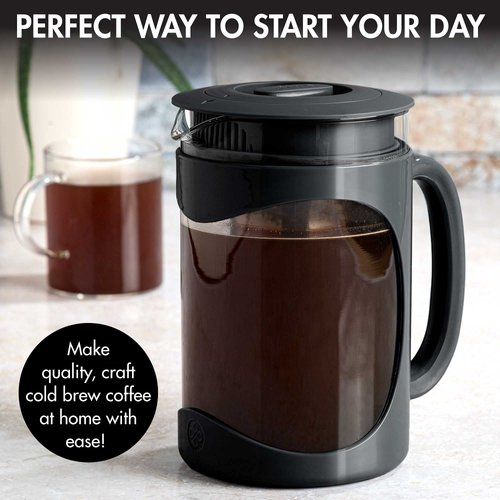 Primula Burke Deluxe Cold Brew Iced Coffee Maker, Comfort Grip Handle, Durable Glass Carafe, Removable Mesh Filter, Perfect 6 Cup Size, Dishwasher Safe, 1.6 qt, Black