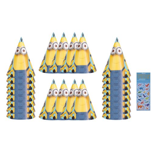 Unique Despicable Me Birthday Party Supplies Favor Bundle Pack includes 24 Party Hats and 1 Dinosaur Sticker Sheet