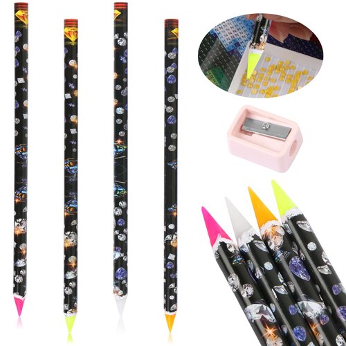 Aunifun 4 Pcs Diamond Art Pen Rhinestone Picker Pencil Nail Point Drill Pen Self Adhesive Resin Picker Dotting Wax Pencil Gem Pick up Tools for Nail Art DIY Decoration with Pencil Sharpener